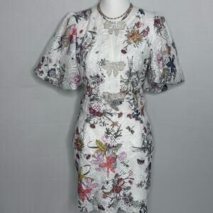 Romantic Fairycore Entro Lace Floral Dress Pearl Bow Details Puff Sleeve med NWT